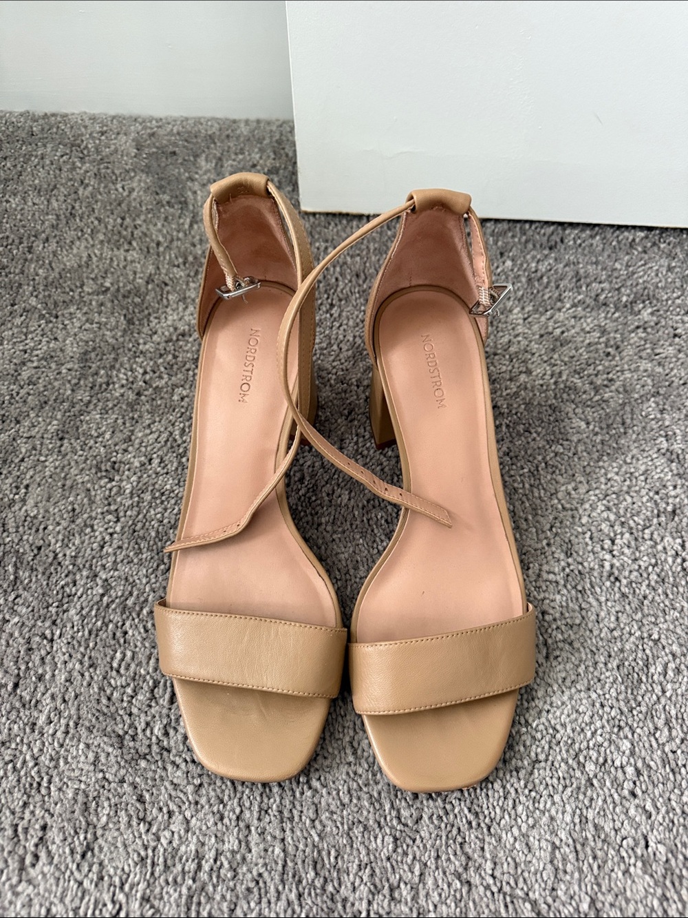 Nordstrom Beige Leather Block Heel Sandals with Ankle Strap